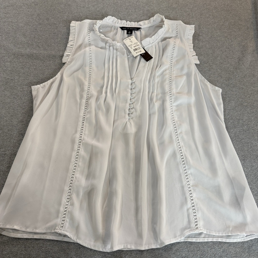 Zac & Rachel Women Sleeveless White XL NWT Sleeveless Pintuck Ruffle Neck Casual